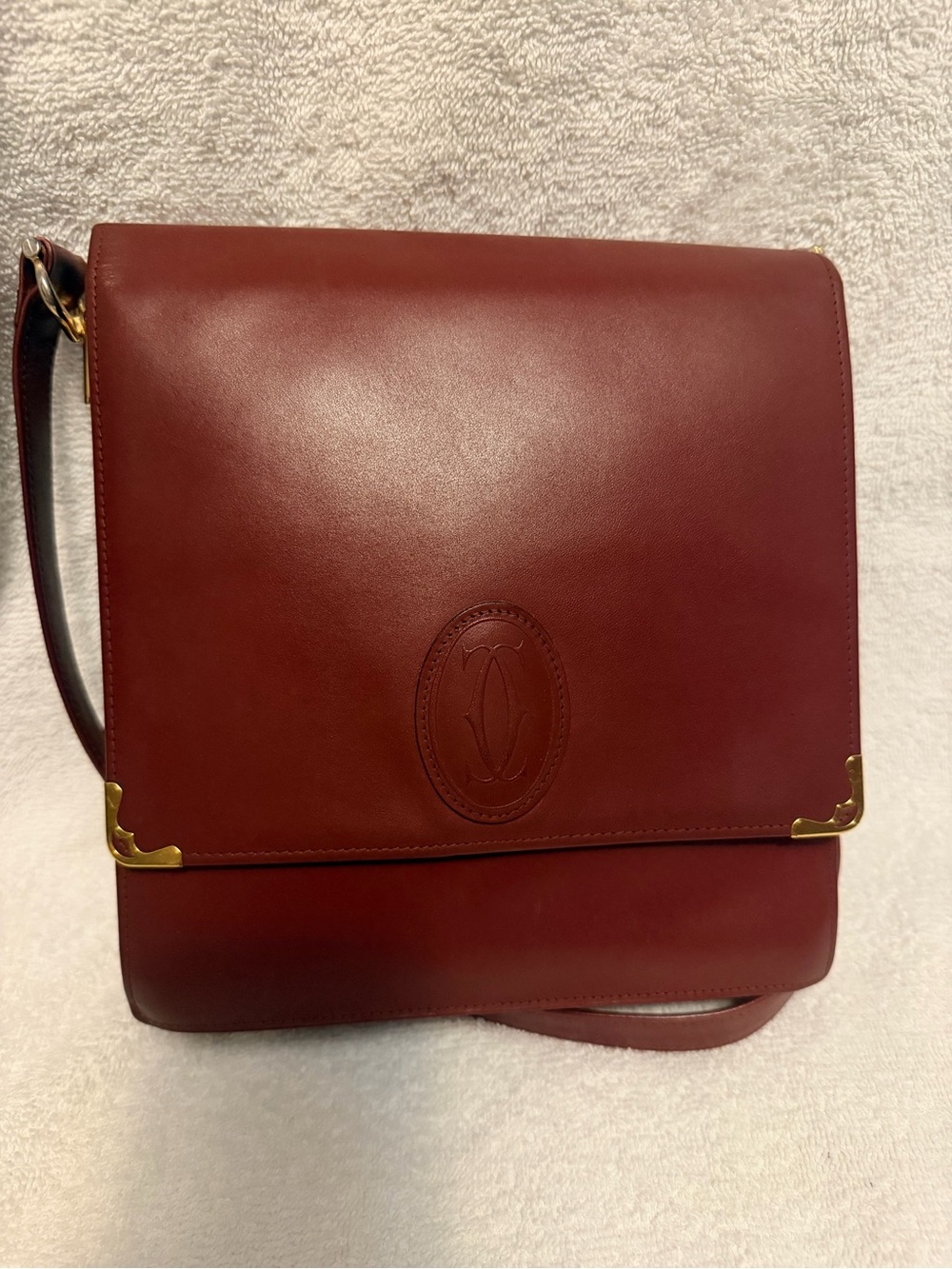 Cartier Burgundy Leather Shoulder Bag with Gold Corner Hardware